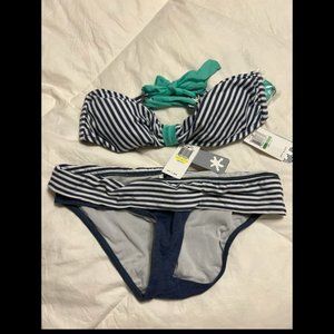 Splendid blue and white striped bikini top L bottom M